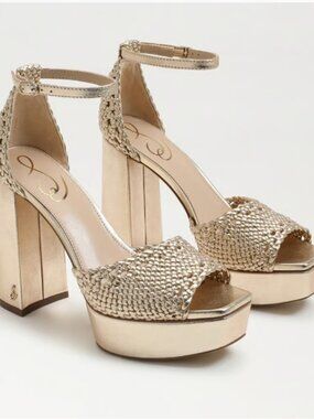 Sam Edelman Nattie Metallic Gold Woven Ankle-Strap Platform Sandals - sz 8